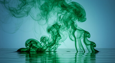 Fototapeta premium Green smoke flowing into calm water with reflection, creating an artistic visual for tranquility backgrounds and relaxation themes