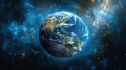 A 3D illustration reveals a vibrant Earth, with North America and South America taking center stage. The continents appear as distinct landmasses, their borders clearly defined, against a backdrop of