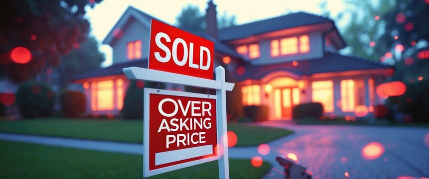 New sign indicating sold above asking price in front of a detached home. Real estate bubble, crash, active housing market, overpriced property, buyer engagement concept. Selective focus.