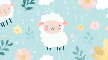 Naklejka premium Cute sheep and flowers pattern