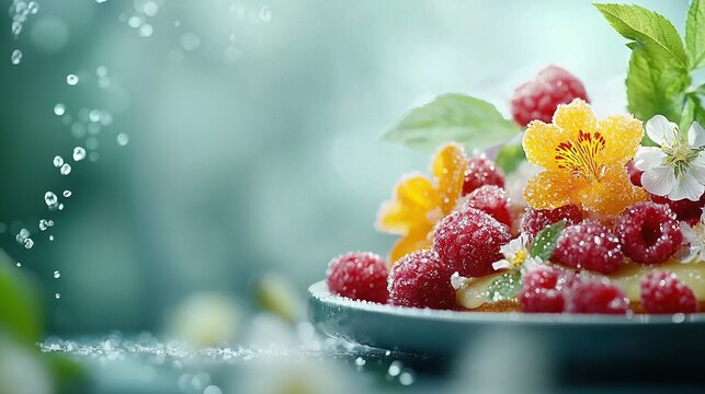   A macro shot of a fruit platter featuring raspberries and other delectables atop a plate, adorned with droplets of water