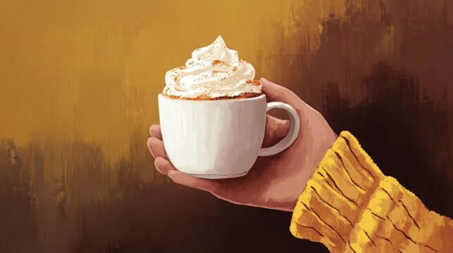 Hand holding a warm, creamy coffee drink topped with whipped cream (1)