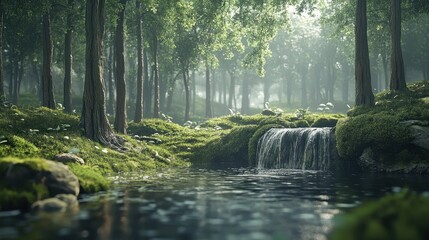 Obraz premium A lush green forest with towering trees, soft moss on the ground, and a small waterfall trickling into a peaceful pond, evoking relaxation and connection with nature.