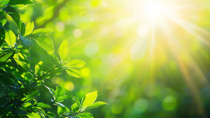 Fototapeta premium Vibrant green leaves sunlight nature spring fresh background tree rays lush life plant vivid flora