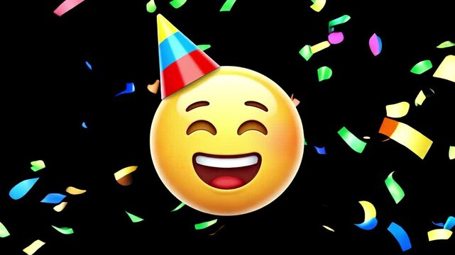 Emoji party face on black screen background 3D emoticon. Party Face Animated Glowing Emoji. 4k Animation with alpha channel transparent background. Looped animation. Confetti falling
