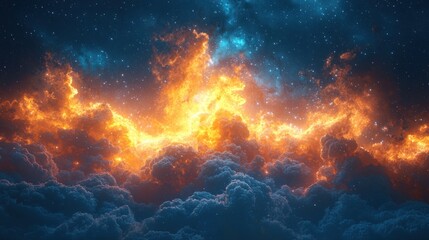 Fototapeta premium Fiery cloudscape against a starry night sky.
