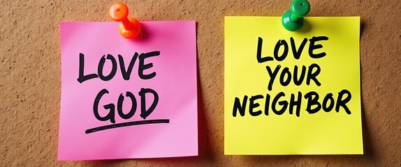Handwritten notes on a pinning board displaying "Love God" and "Love Your Neighbor." Christian obedience and faith, the greatest commandments. View from above.
