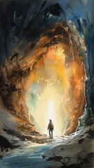 Adventurer Exploring Cave Illuminated by Headlamp in Watercolor Painting Scene