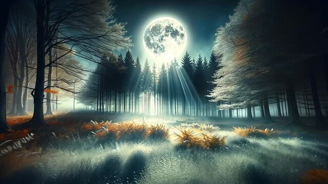 Vollmond &uuml;ber einer herbstlichen Wiese mit Wald im Hintergrund