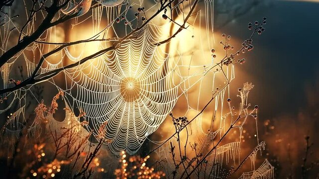 Gro&szlig;es funkelndes Spinnennetz mit Tautropfen in Morgensonne