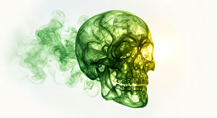 Fototapeta premium Skull with green smoke around for halloween celebration. Death symbol as spooky decoration element for greeting card, party invitation, horror background