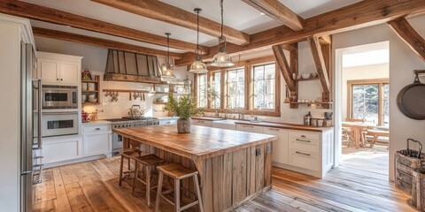 A rustic kitchen interior features natural wood and bright lighting elements