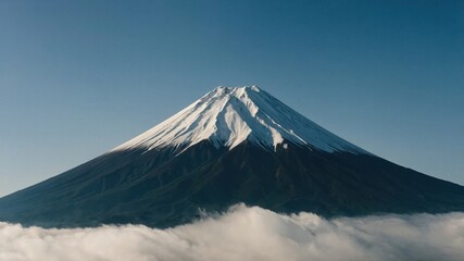 The stunning view of mount Fujiyama with its snow-covered summit illuminated by the first light of dawn