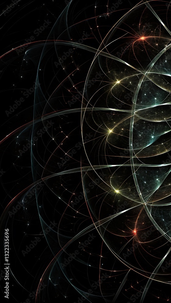 Poster futuristic abstract fractal pattern with glowing lights and curved lines on dark background, digital