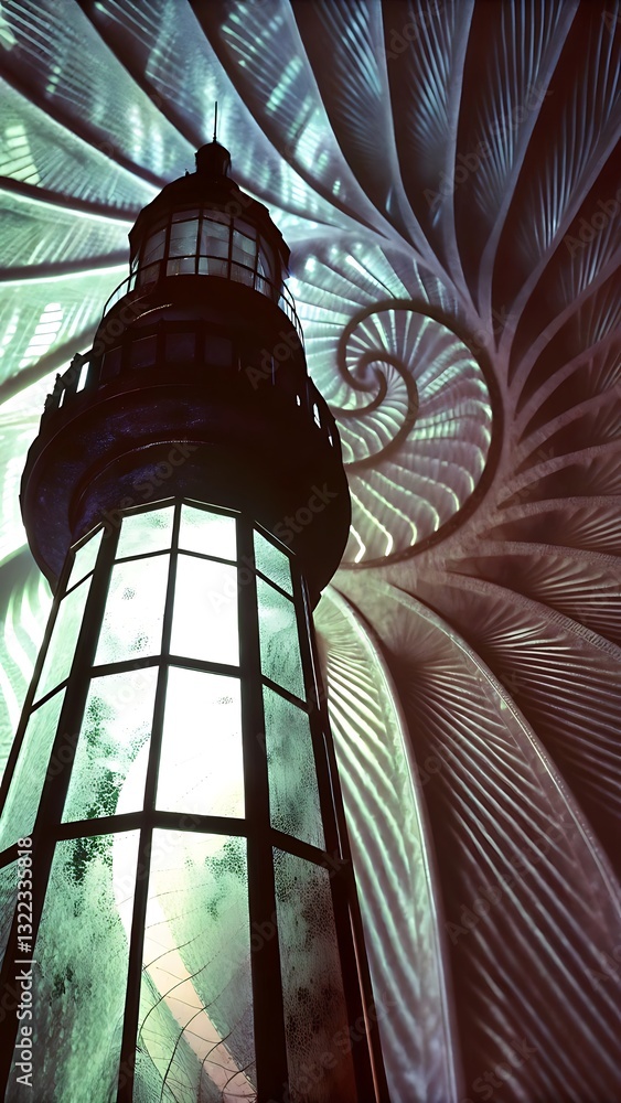 Poster surreal lighthouse with spiral fractal sky, futuristic dreamlike scene featuring abstract light patt