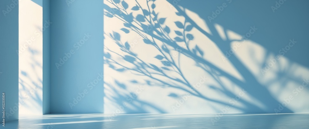 Poster minimalistic abstract soft light blue backdrop for product display with delicate and intricate shado