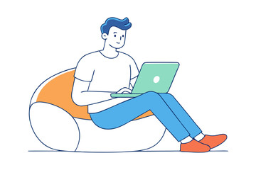 Remote Work Comfort. Man Sitting on Bean Bag with Laptop Vector Design