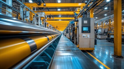 Fototapeta premium Industrial Factory Production Line: Yellow and Steel Rollers in Motion