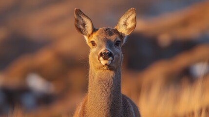 Obraz premium Close-up of a young deer in a field at sunset.