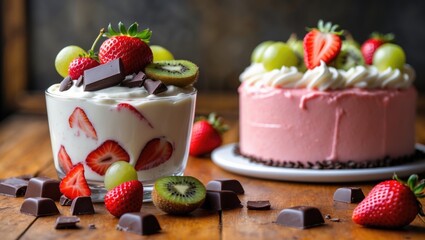 On a wooden table, a dessert of white chocolate strawberry yogurt is served with fresh fruits and chocolate pieces. A delightful and tasty pink strawberry cake is perfect for celebrations.