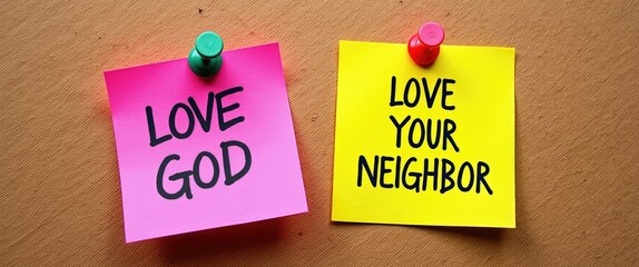 Handwritten notes on a pin board expressing Love God, love your neighbor. Christian faith and obedience, the greatest commandments. Aerial view.