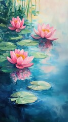 Pink water lilies with green pads floating on serene water