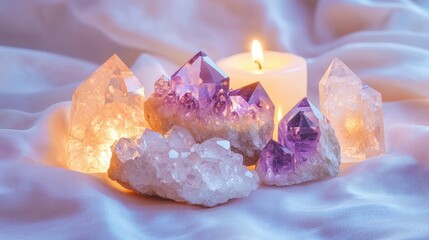 Close up of healing crystals like amethyst, rose quartz, and clear quartz, arranged on a white silk cloth with soft candlelight reflecting off their polished surfaces.