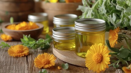 Handmade herbal balms in small metal tins, placed on a wooden surface with fresh calendula flowers, beeswax, and coconut oil in small bowls.