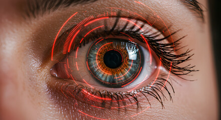 Woman's vivid eye with digital hud element overlay, futuristic scan display for biometric identification. Augmented reality technology concept for science or medicine usage.