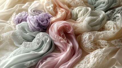 Pastel lace fabrics swirl studio shot, textile background, fashion design