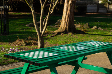 Green benches in the park with attached boards for playing chess, with trees in the background.