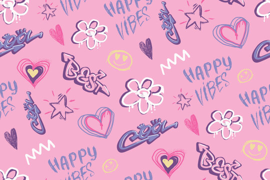 Pink seamless pattern with LOVE lettering, sketch hearts, grunge flowers. Romantic print. Girlish repeat print for textile, clothes, wrapping paper.