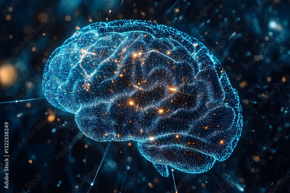 Poster abstract digital brain network glowing bright blue and orange lights web mind data nodes wires neura