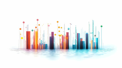Fototapeta premium Abstract Cityscape With Colorful Glowing Bars And Digital Data Flow Over Reflective Surface