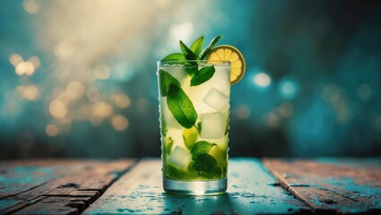 Mojito resting on a wooden surface with a blurred background.