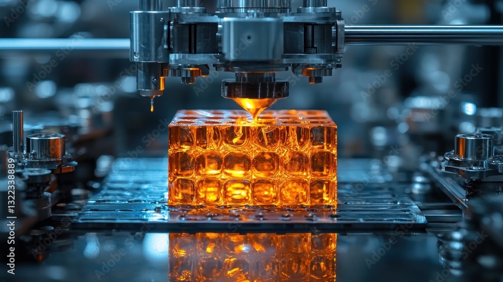 Poster 3d printer creating amber lattice cube.