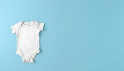 Top view of baby clothes, white baby bodysuit mockup on blue background. Place your text or logo, flat design. White tone