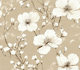 Floral outlines in light taupe with white flowers and delicate buds, Seamless Pattern Style.