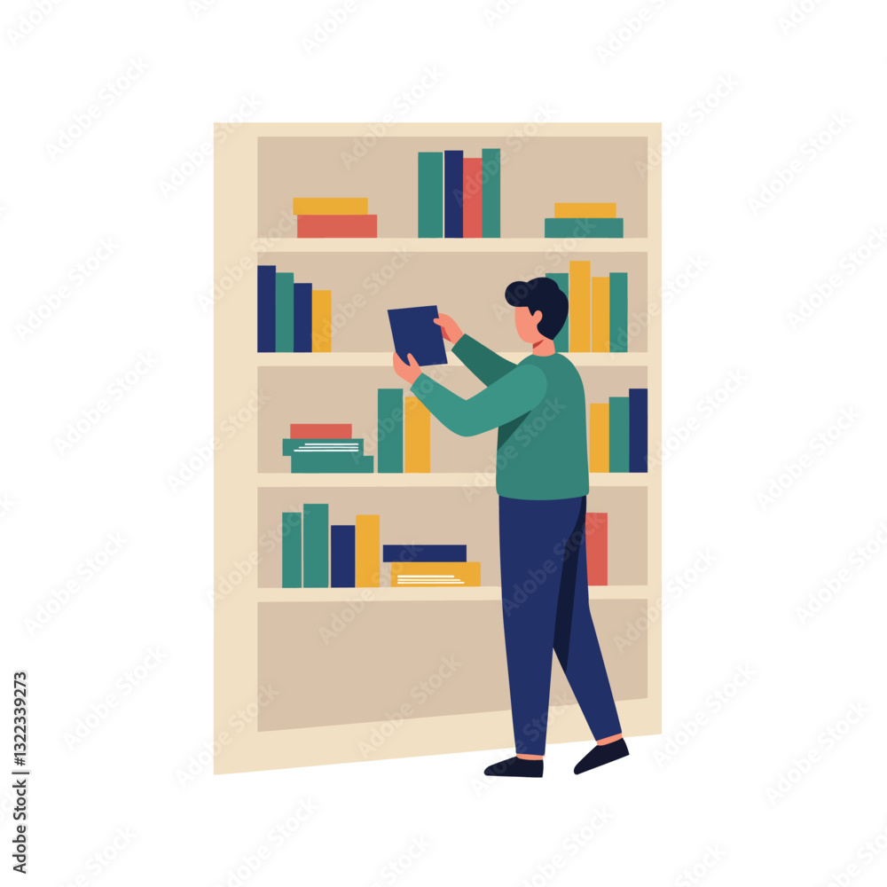 Poster person organizing books on a shelf in minimal flat design vector art