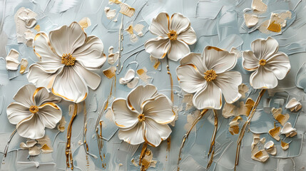 Elegant 3D floral painting with gold accents , modern wall art, Beautiful spring white flower with golden leavs on decorative background as wallpaper illustration, Elegant White Gold Flower