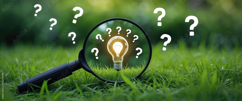 Poster magnifying glass highlighting symbol and question mark on the grass in a garden with a green natural