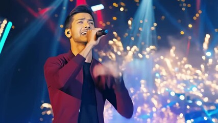 Man Singing Into Microphone on Stage Under Light Show, Singer at Song Contest Music Concert Concept 