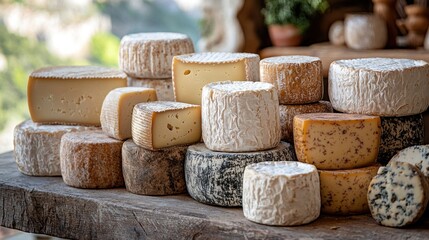 Assortment of artisan cheeses on rustic wooden table.