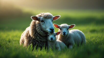 Mother sheep with her two lambs in a green field during the day.