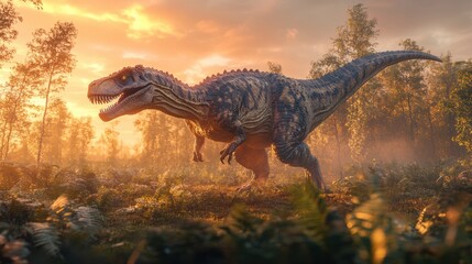 A majestic side profile of an Allosaurus dinosaur, rendered in a 3D illustration that captures the raw power and prehistoric grandeur of this apex predator.