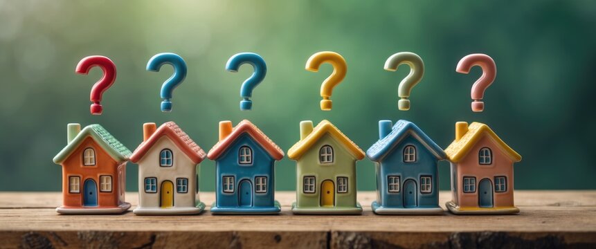 miniature house model with question mark, searching for new home, buy or rent real estate idea