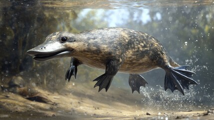 Fototapeta premium A 3D illustration of a platypus, a duck-billed, semi-aquatic mammal, with its distinctive bill and webbed feet, ready to dive into the murky depths of a freshwater stream.