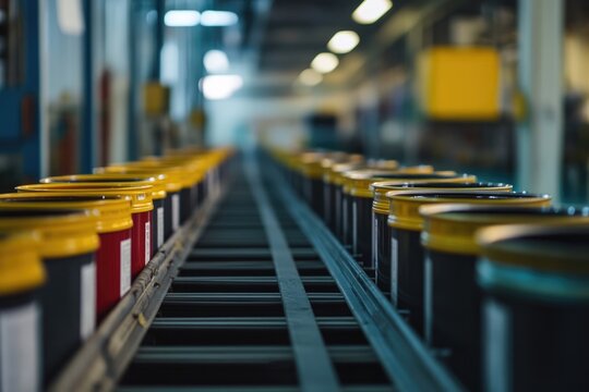 Conveyor Belt of Paint Buckets in Factory Setting