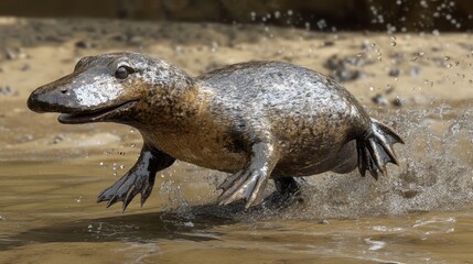 Obraz premium A 3D illustration of a platypus, a duck-billed, semi-aquatic mammal, with its distinctive bill and webbed feet, ready to dive into the murky depths of a freshwater stream.