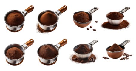 Variety of Coffee Grounds in Measuring Cups on White Background, PNG bundle collection, Isolated on Transparent Background